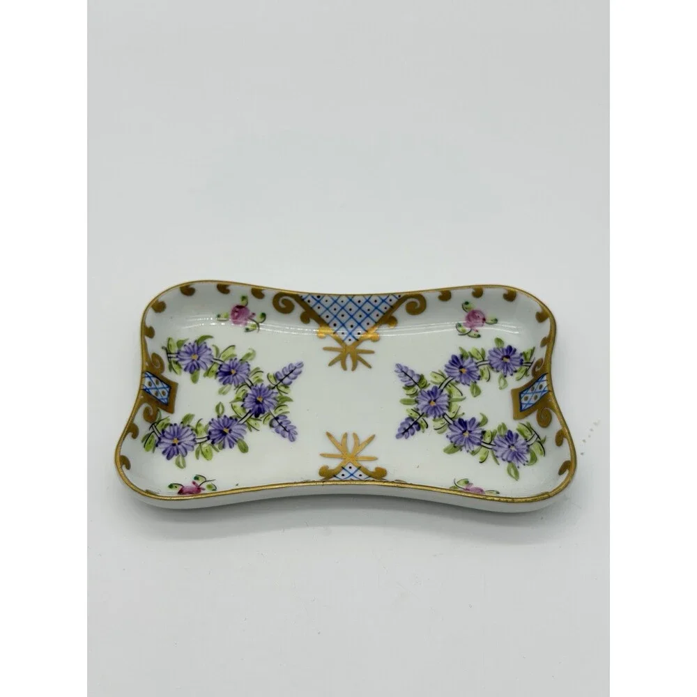 Limoges France Porcelain Hand Painted Floral Pattern Tray/dish 5”x3”